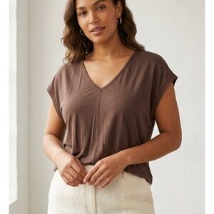 Halara Womens V-Neck Cap Sleeve Top Brown Viscose Stretch Relaxed Fit Large